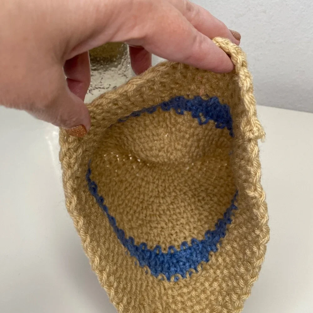 Handmade Crochet Beanie Hat‎ Tan Blue Stripe Adult Women Winter Warm Cottagecore